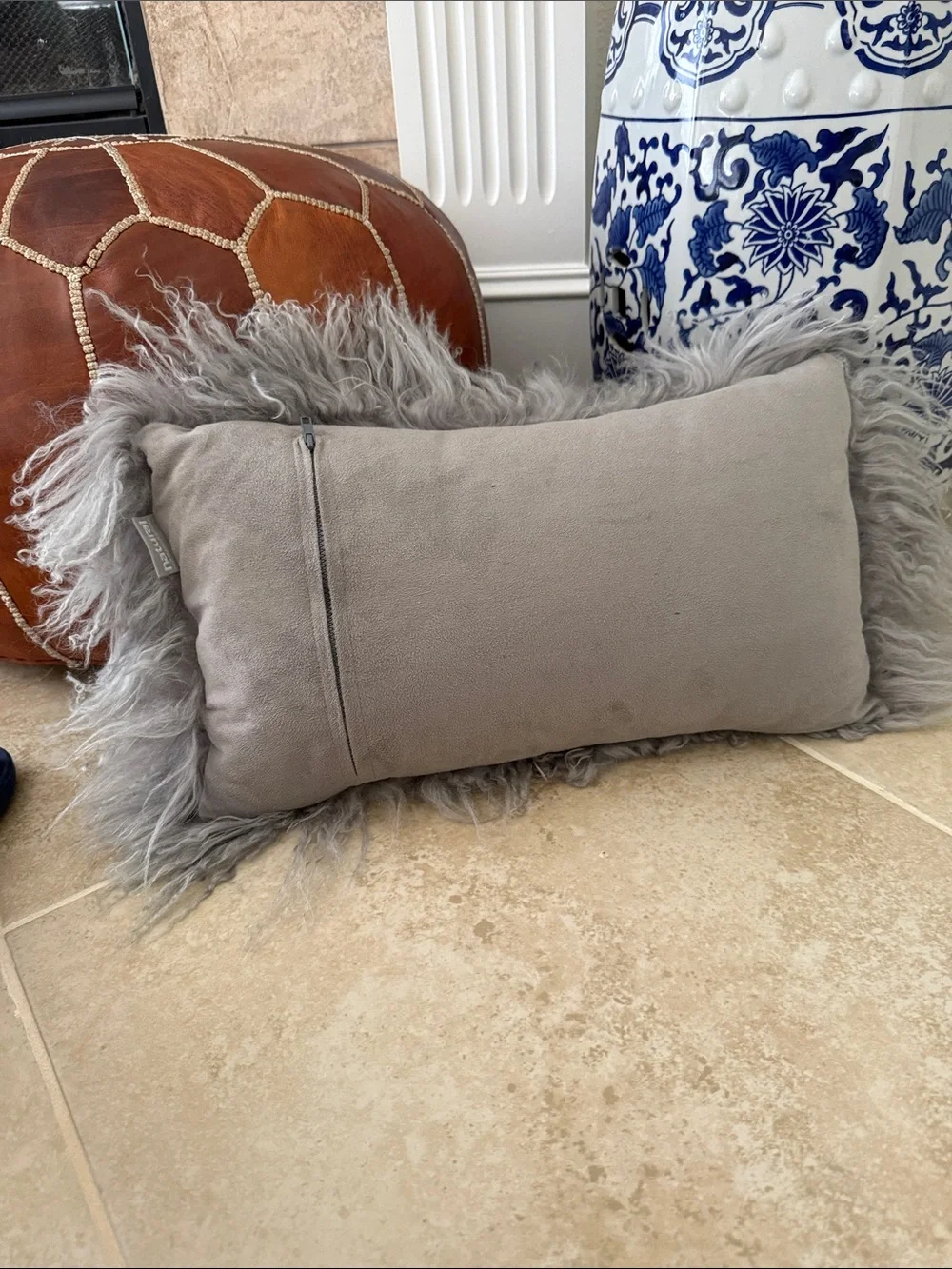 Genuine Mongolian Lamb Fur Lumbar Pillow Grey Curly Sheepskin Cushion